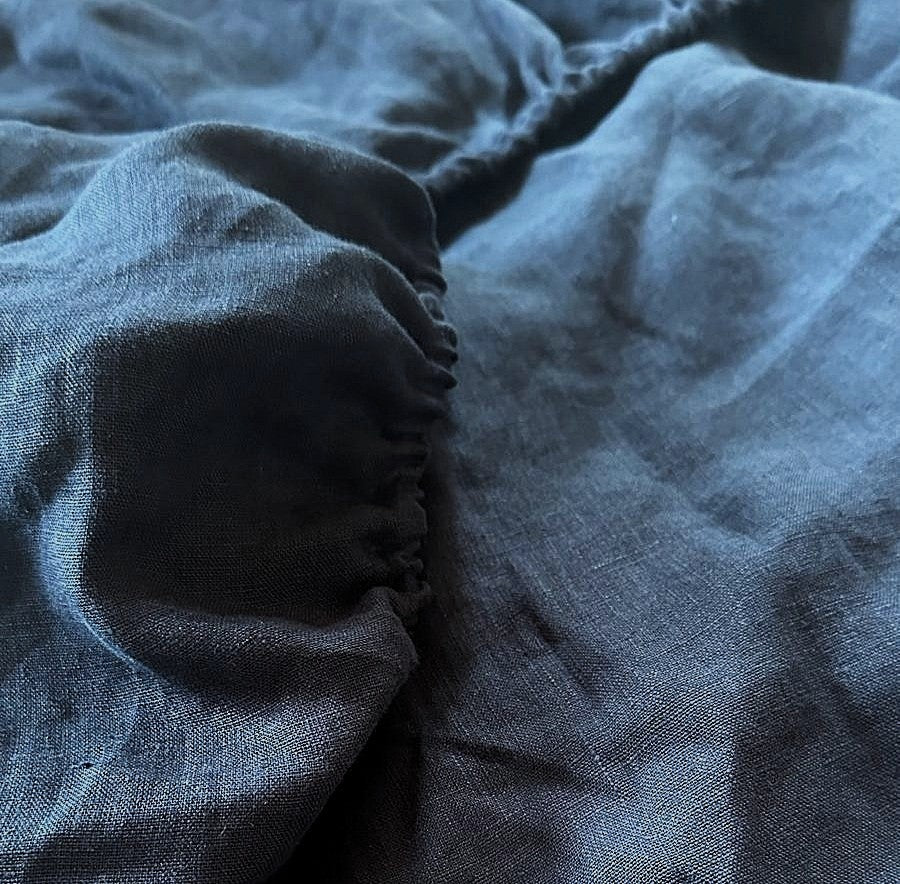 Natural Linen Fitted Sheet - navy