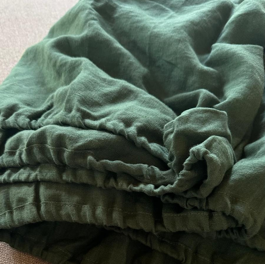 Natural Linen Fitted Sheet - forest green