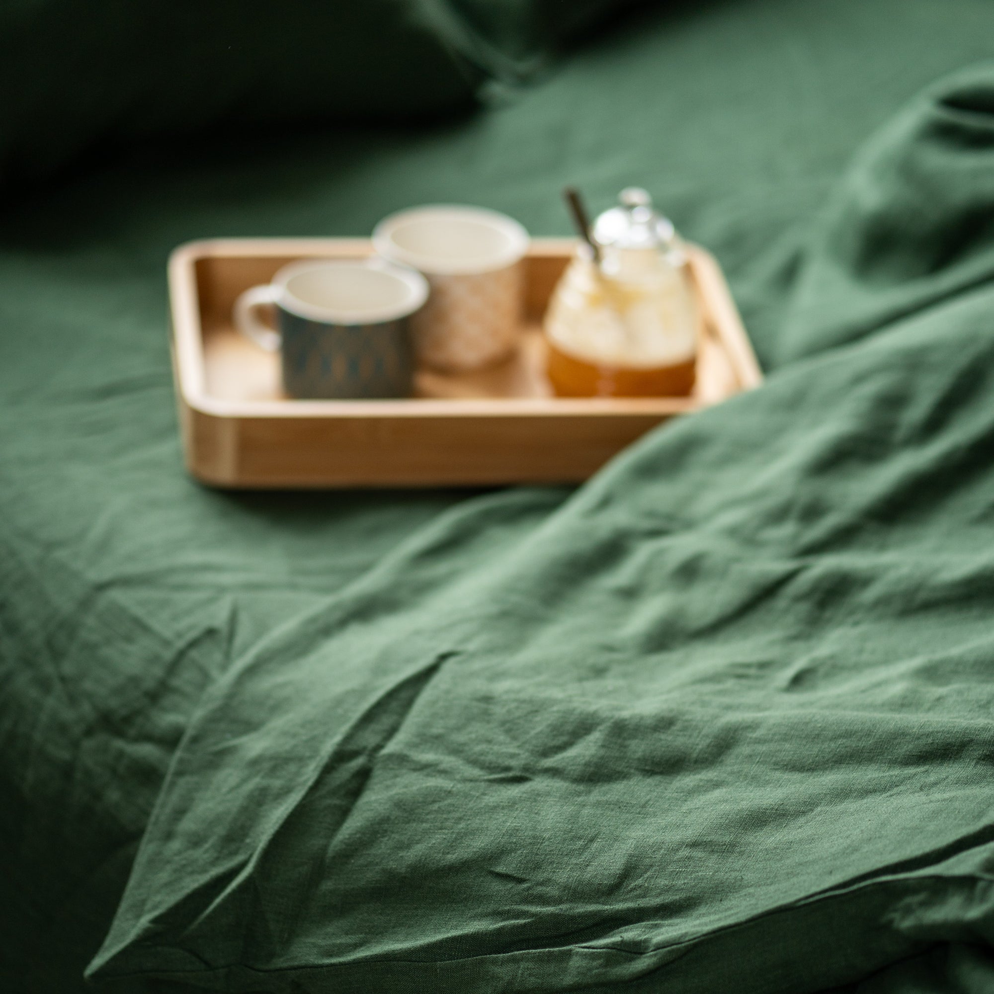 Natural linen bedding set - forest green