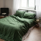 Natural linen bedding set - forest green