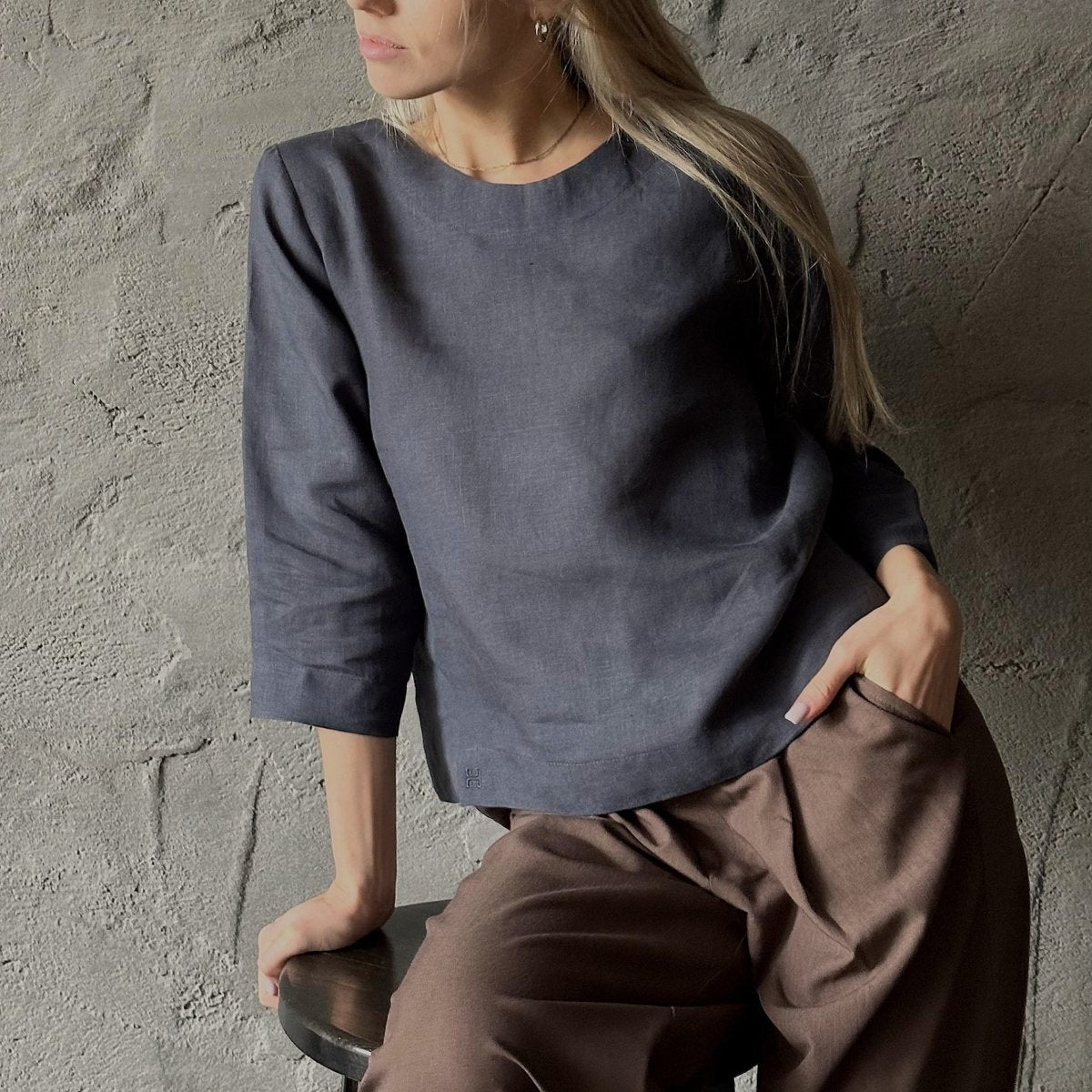 Long Sleeve Linen Shirt - Midnight Blue - Harmonia Linens