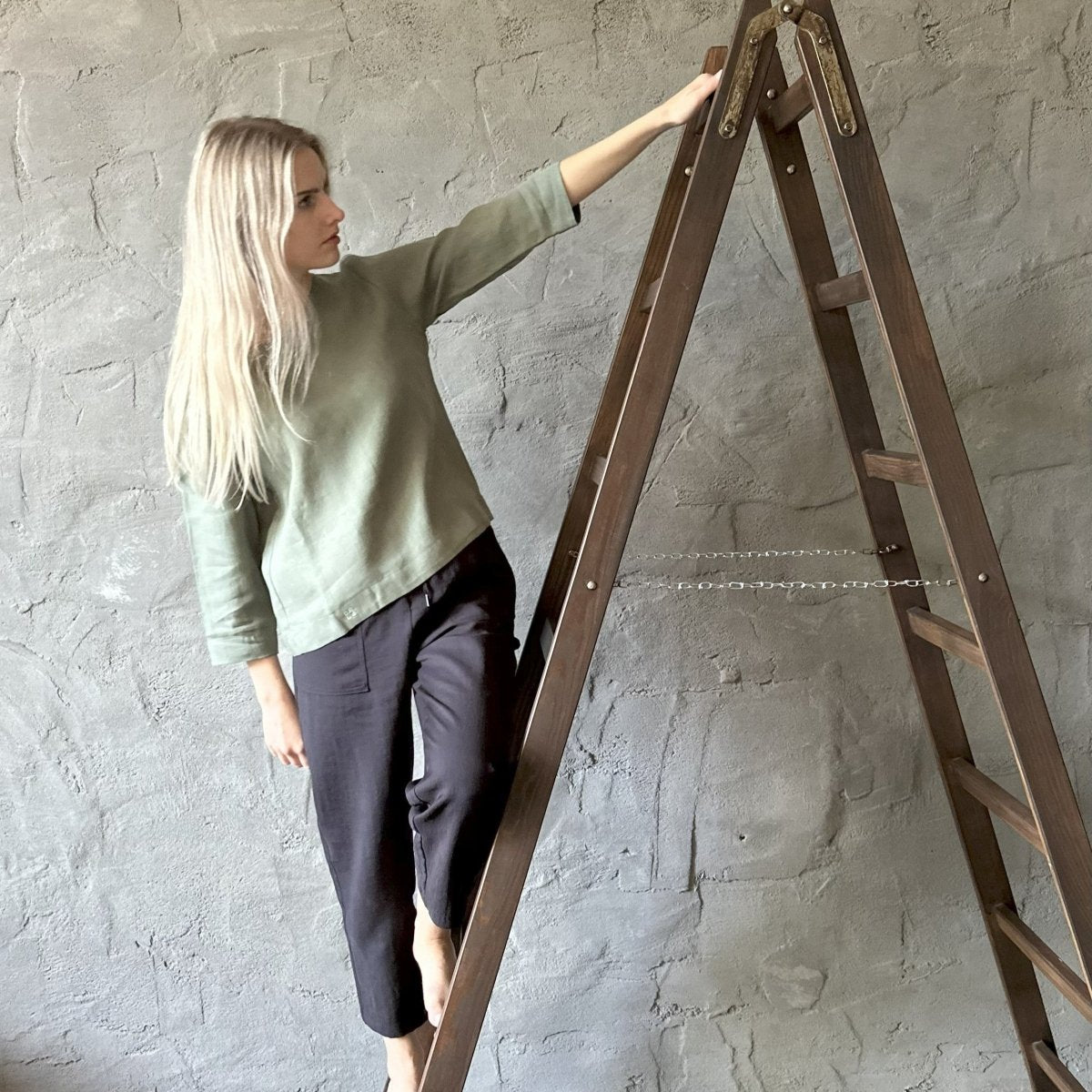 Long Sleeve Linen Shirt - Moss Green - Harmonia Linens