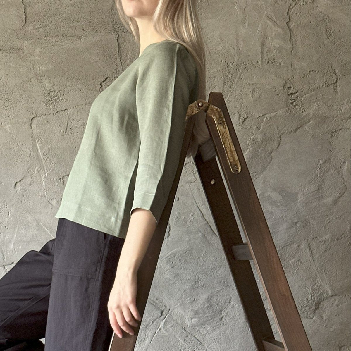 Long Sleeve Linen Shirt - Moss Green - Harmonia Linens