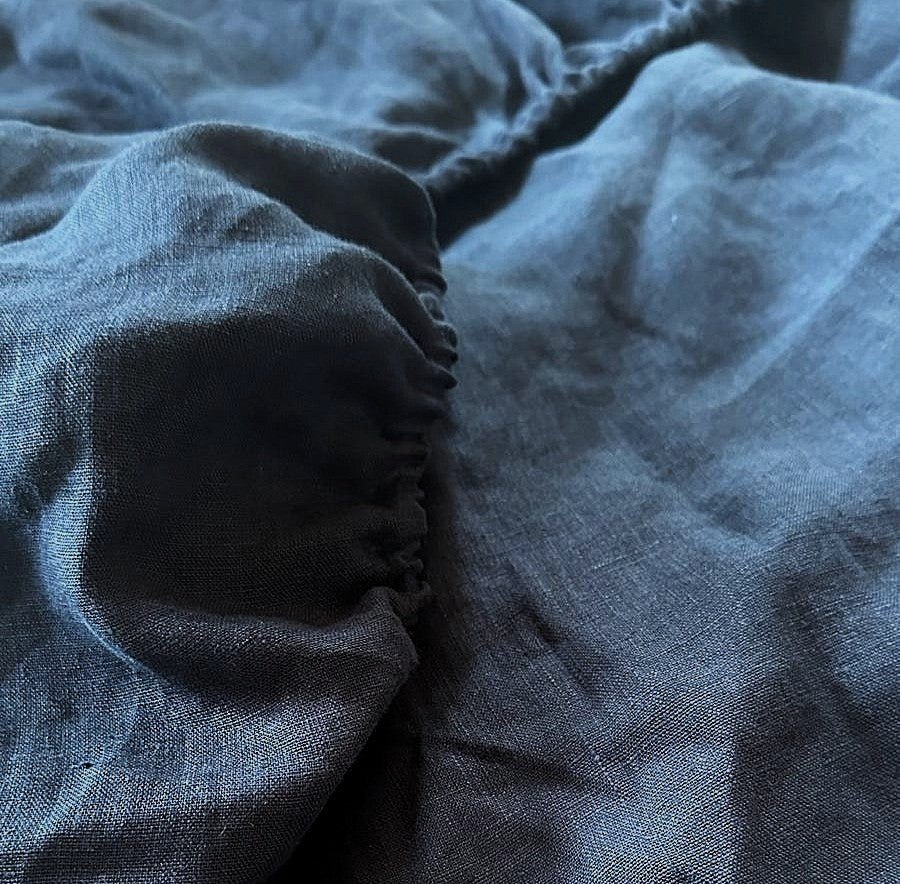 Natural Linen Fitted Sheet - navy - Harmonia Linens