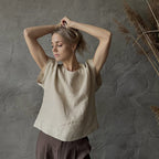 Short Sleeve Linen Shirt - Beige - Harmonia Linens