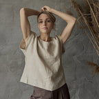 Short Sleeve Linen Shirt - Beige - Harmonia Linens